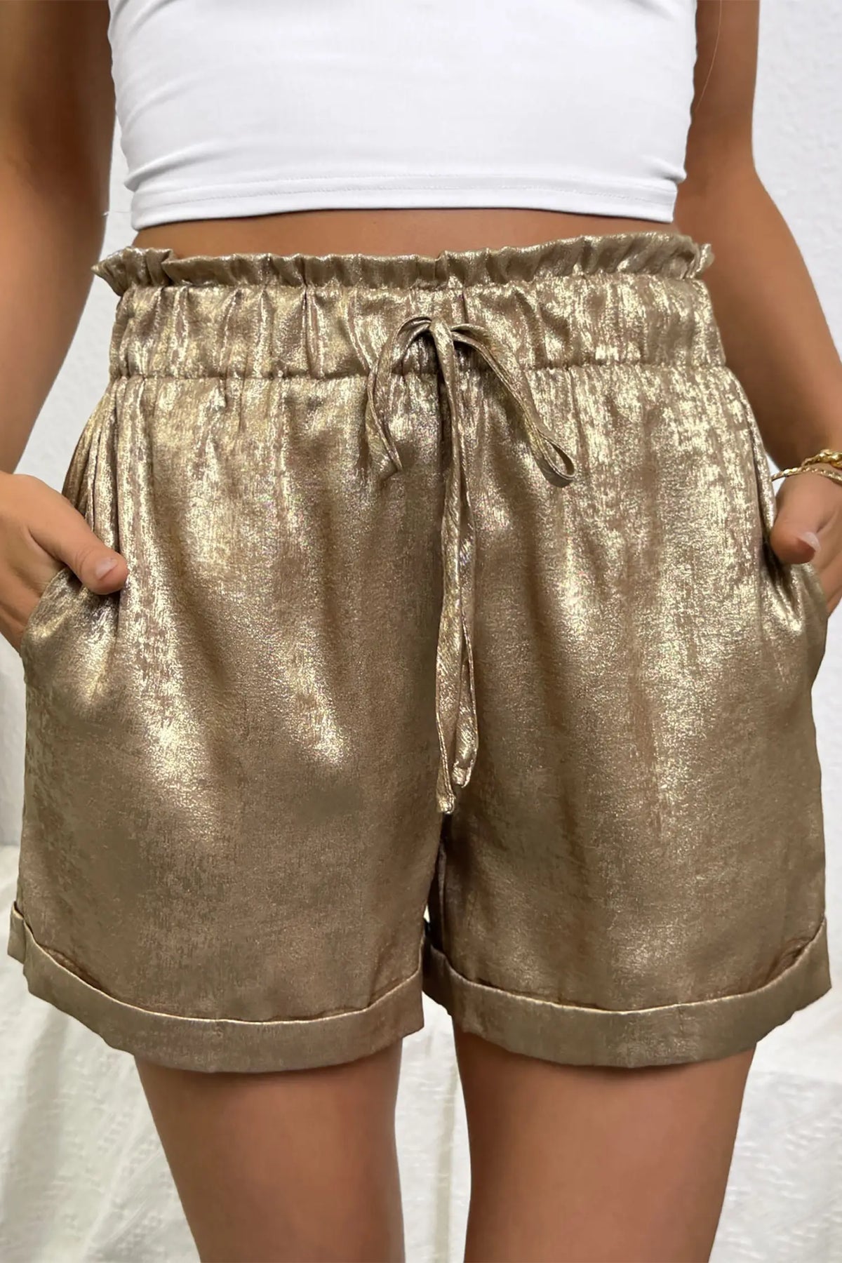 Metallic Luster Tie Elastic Waist Cuffed Hem Shorts