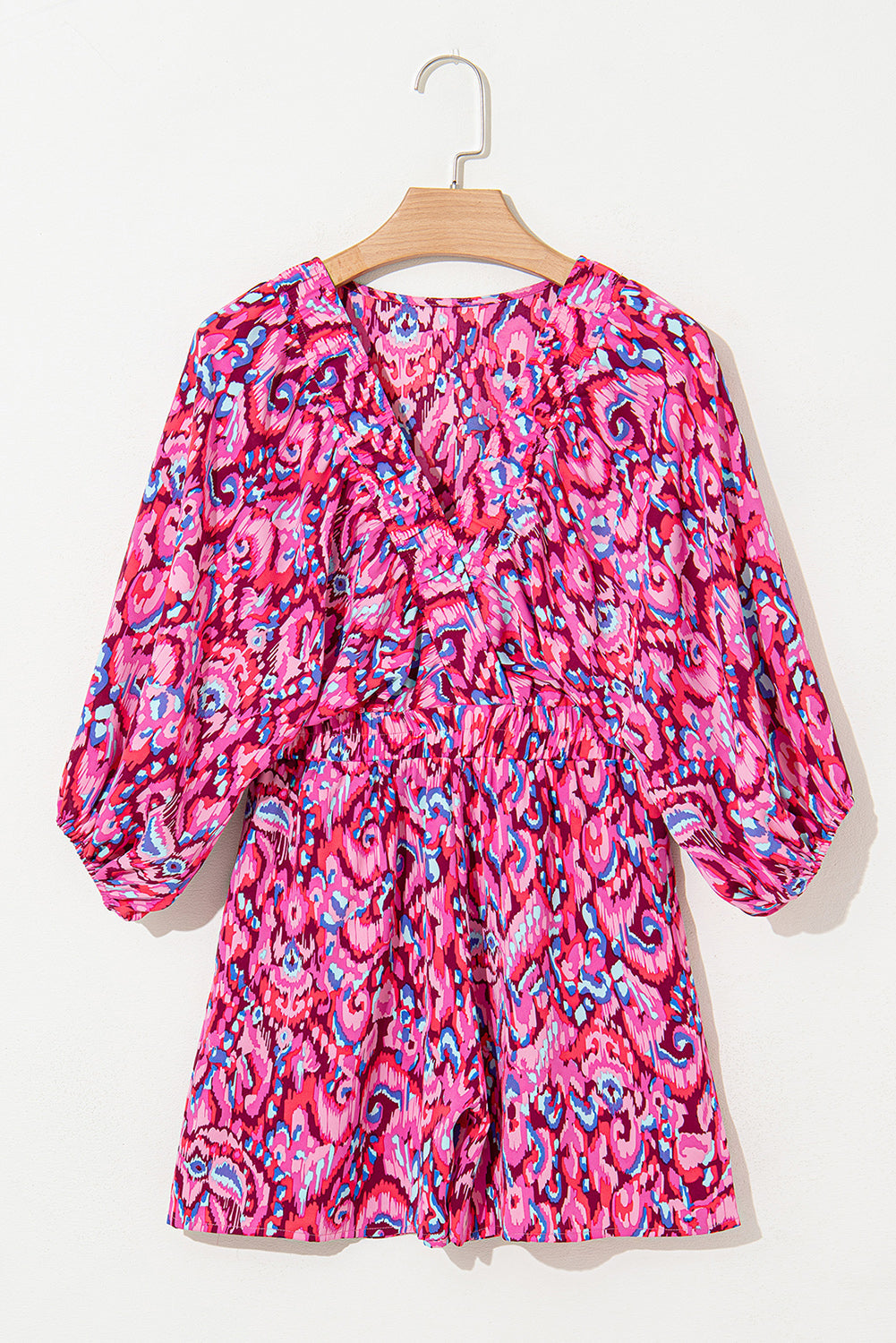 Pink Abstract Print Puff Sleeve V Neck High Waist Romper eAura