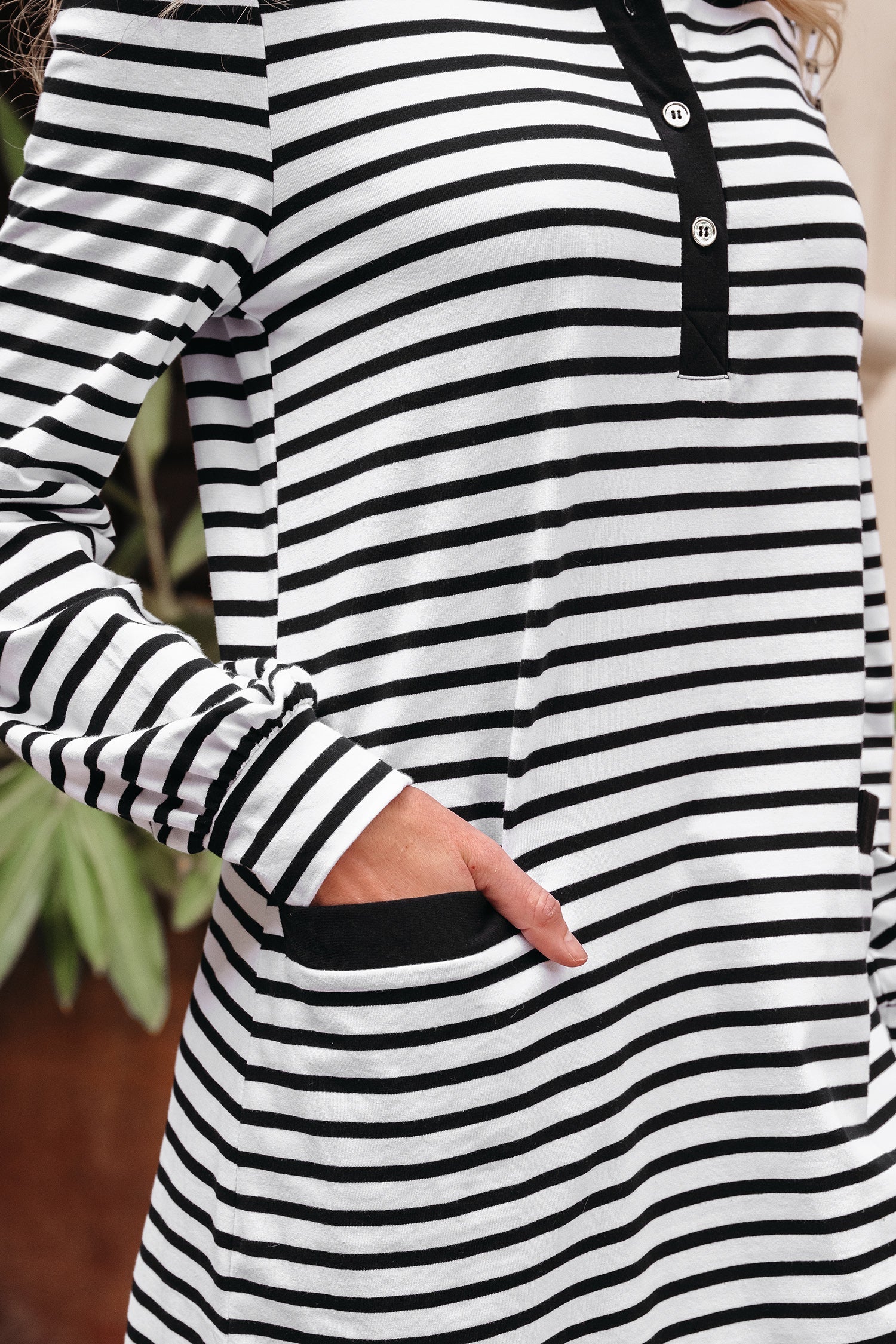 Striped Buttoned Front Collared Long Sleeve T Shirt Dress with Pockets - eAura