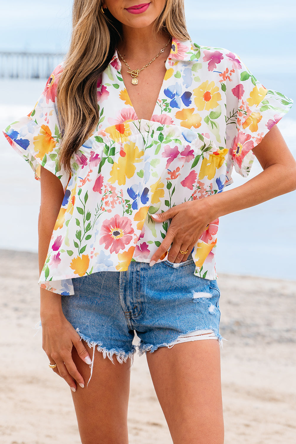 Yellow Floral Boxy Fit Ruffled Short Sleeve V Neck Blouse eAura