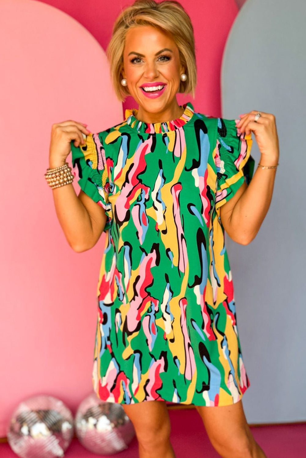 Green Abstract Print Frilled Neck Ruffled Sleeve Mini Dress eAura