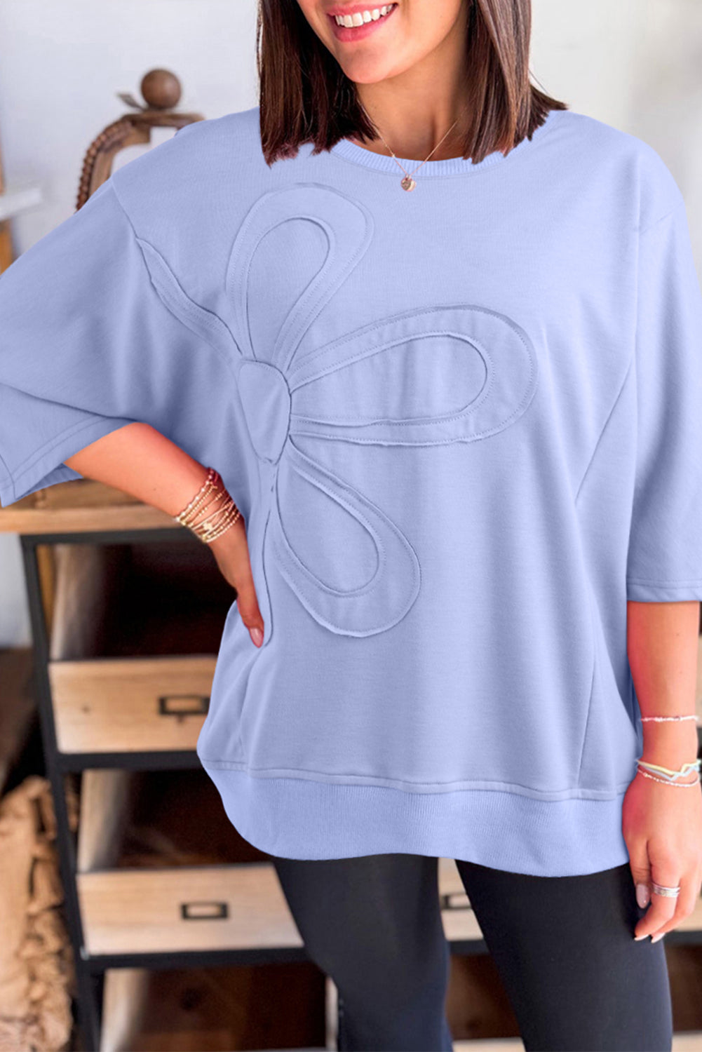 Beau Blue Floral Patch Half Sleeve Top BB Fashion Outlet