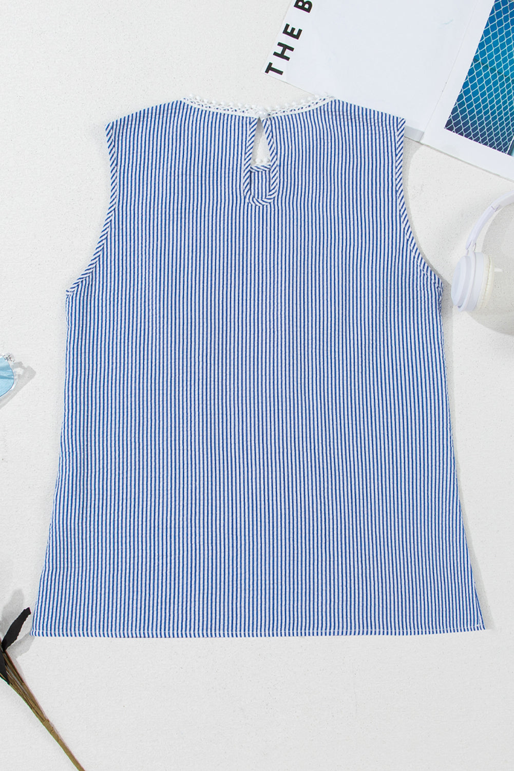 Sky Blue Stripe Lace Patchwork Crew Neck Tank Top eAura