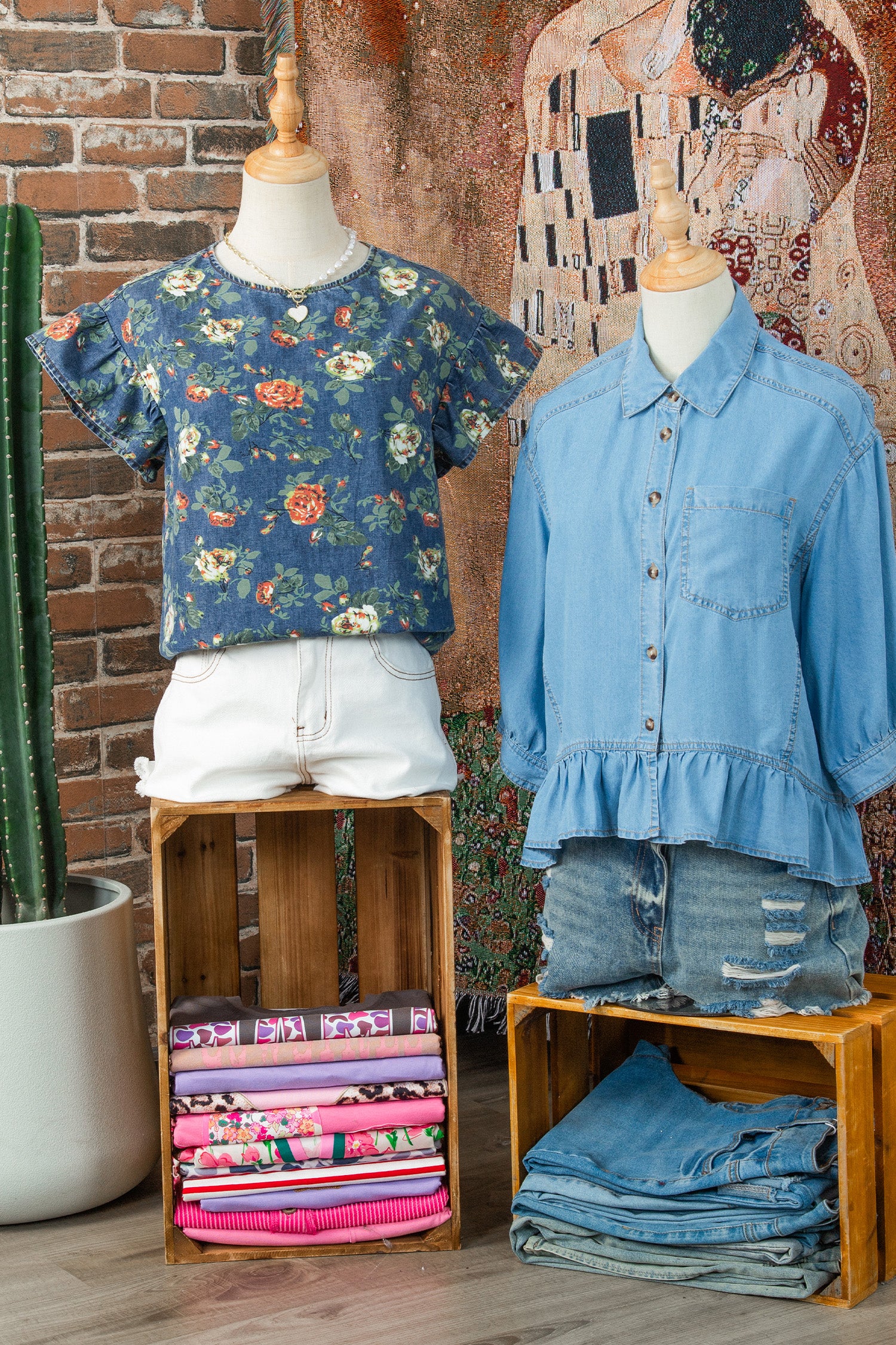 Ruffled Short Sleeve Floral Denim Top
