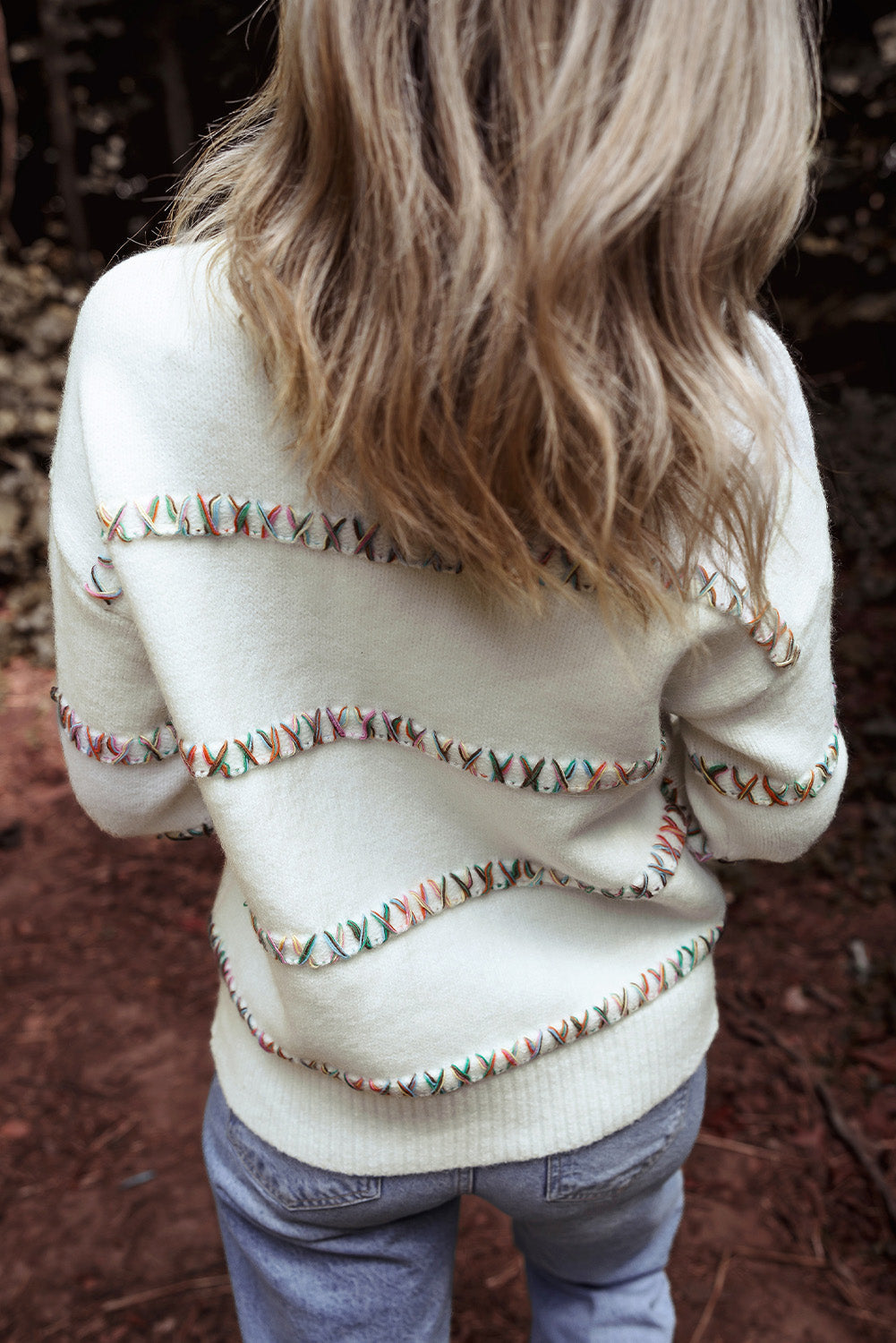 White Colourful Crossed Stitch Drop Shoulder Sweater eAura