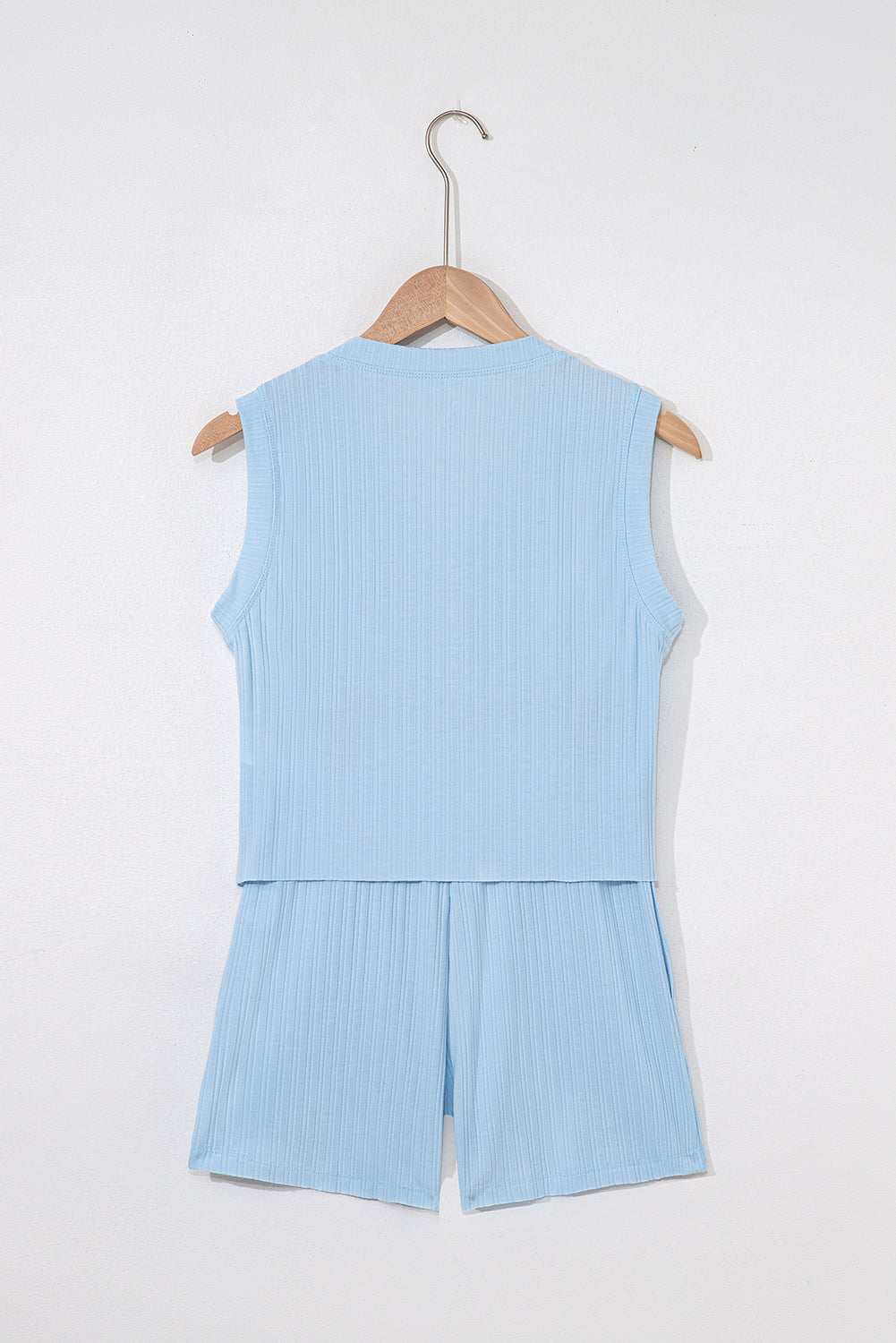Beau Blue Ribbed Button V Neck Tank Top and Shorts Set - eAura