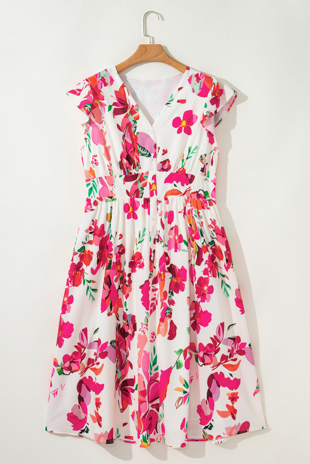 Pink Floral Print V Neck Ruffle Sleeve Plus Size Midi Dress BB Fashion Outlet