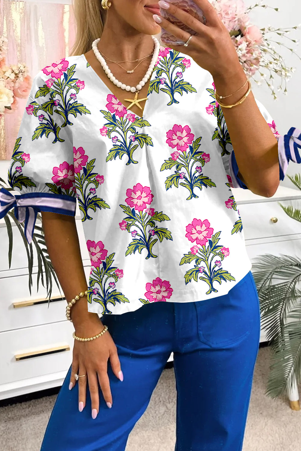 Floral Stripe Knot Bubble Sleeve V Neck Blouse eAura