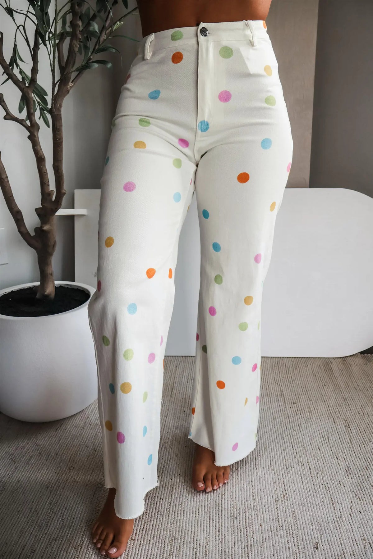 High Waist Polka Dot Straight Leg Casual Jeans