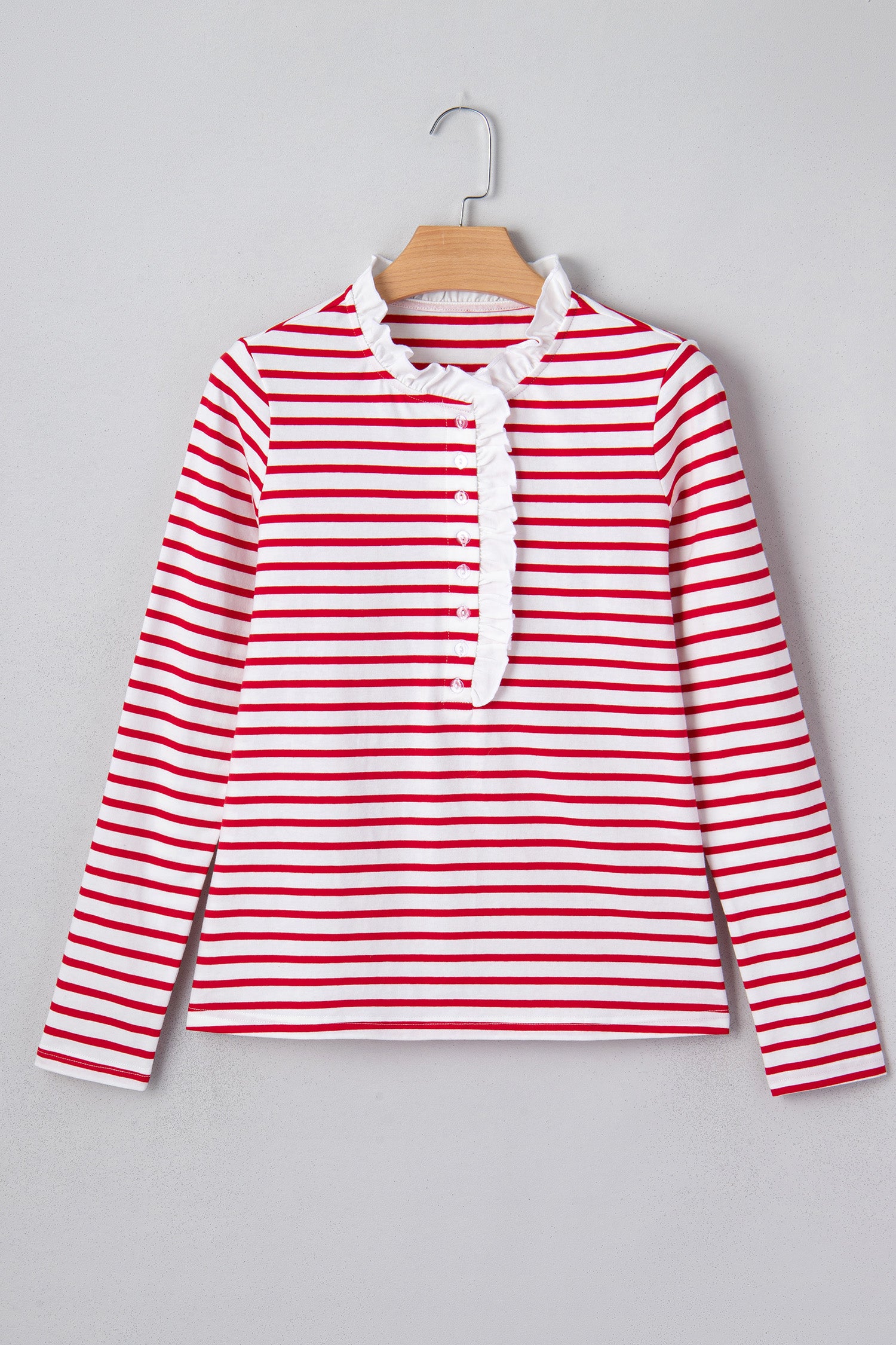 Stripe Contrast Frilled Trim Half Button Long Sleeve Top