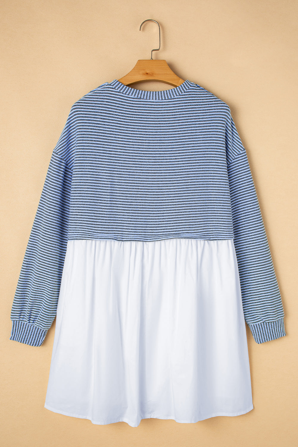 Sky Blue Stripe Patchwork Pleated High Waist Loose Mini Dress Beagle Boutique Fashion Outlet