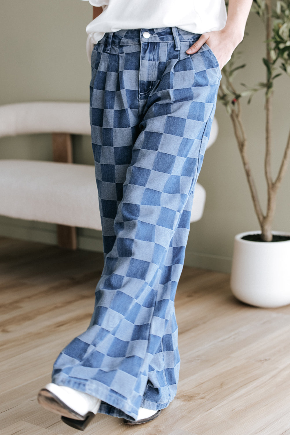 Dark Grey Checkered Denim Wide Leg Jeans eAura