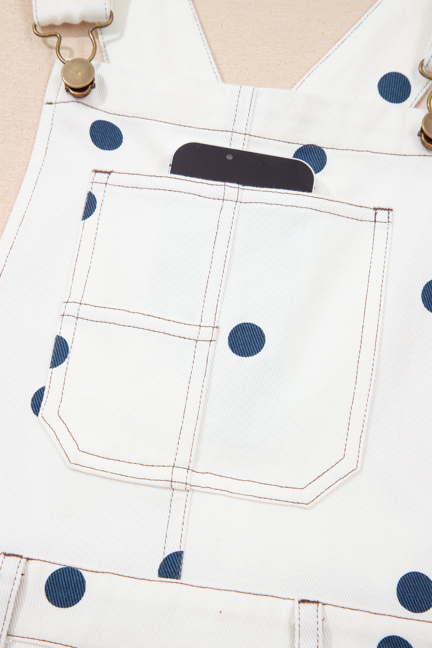 Polka Dot Print Bib Pocket Denim Barrel Overalls