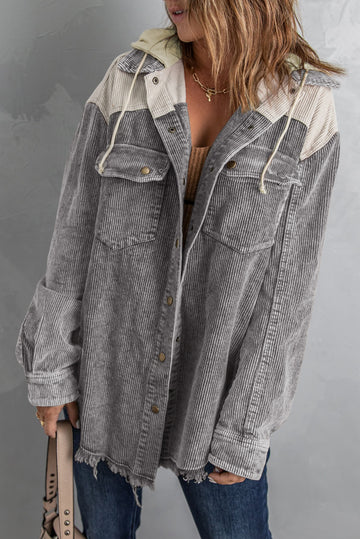 Gray Color Block Button Down Hooded Corduroy Jacket – Gray-2