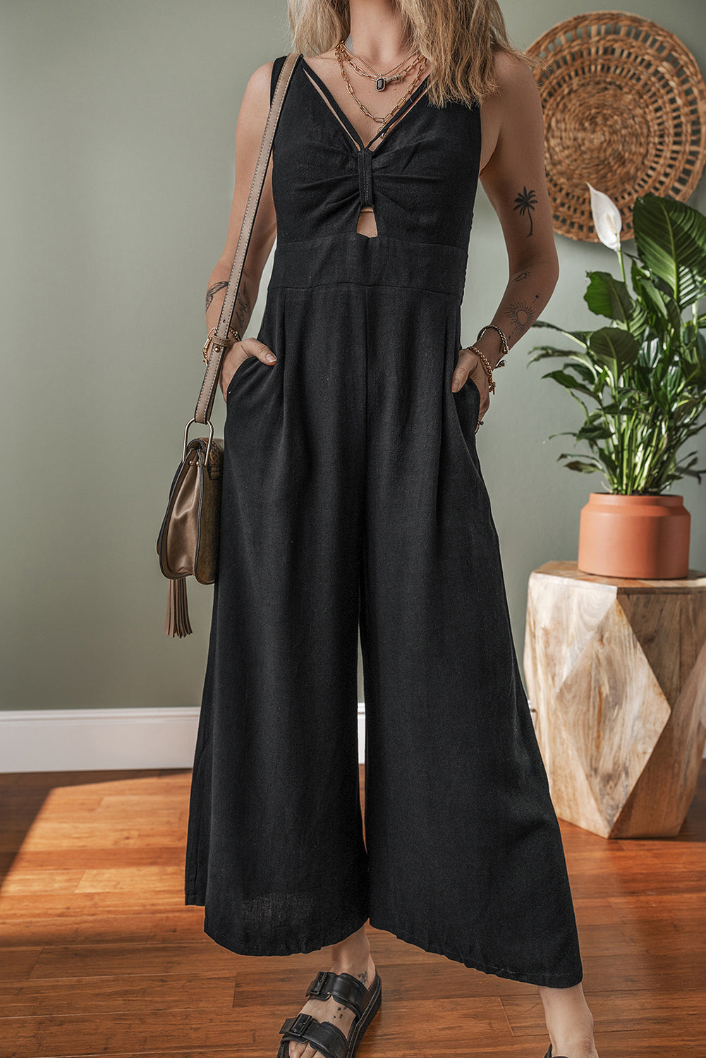 Black Front Cut Out Smocked Back Sleeveless Wide Leg Jumpsuit eAura