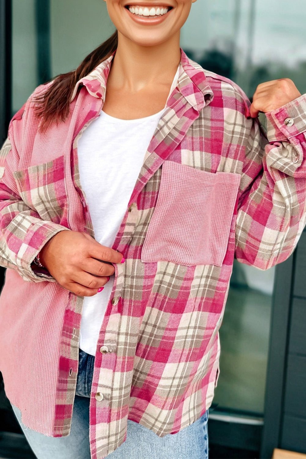 Pink Waffle Patch Pocket Plaid Patchwork Plus Size Shirt - eAura