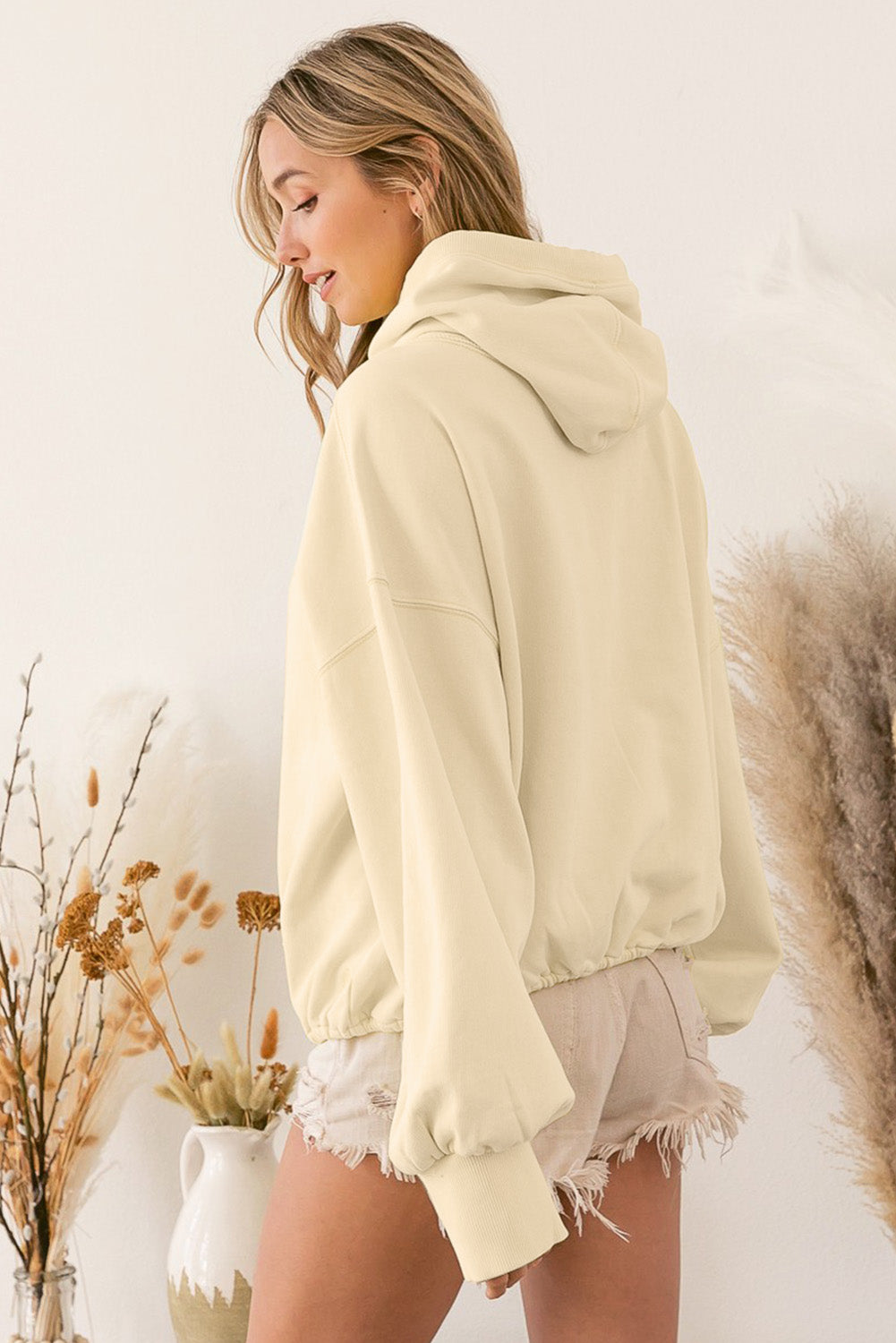 Beige Ribbed Trim Kangaroo Pocket Zipped Hoodie eAura