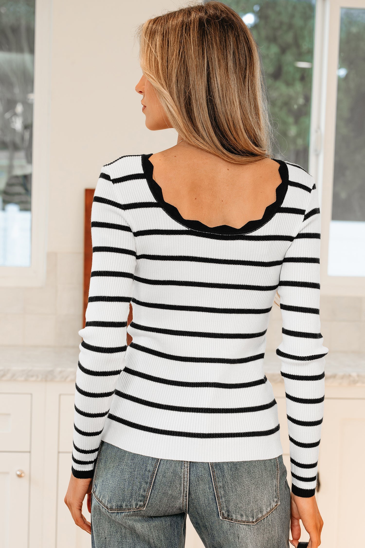 Scalloped Trim U-Neck Striped Ribbed Slim Sweater - Sweaters & Cardigans/Sweaters