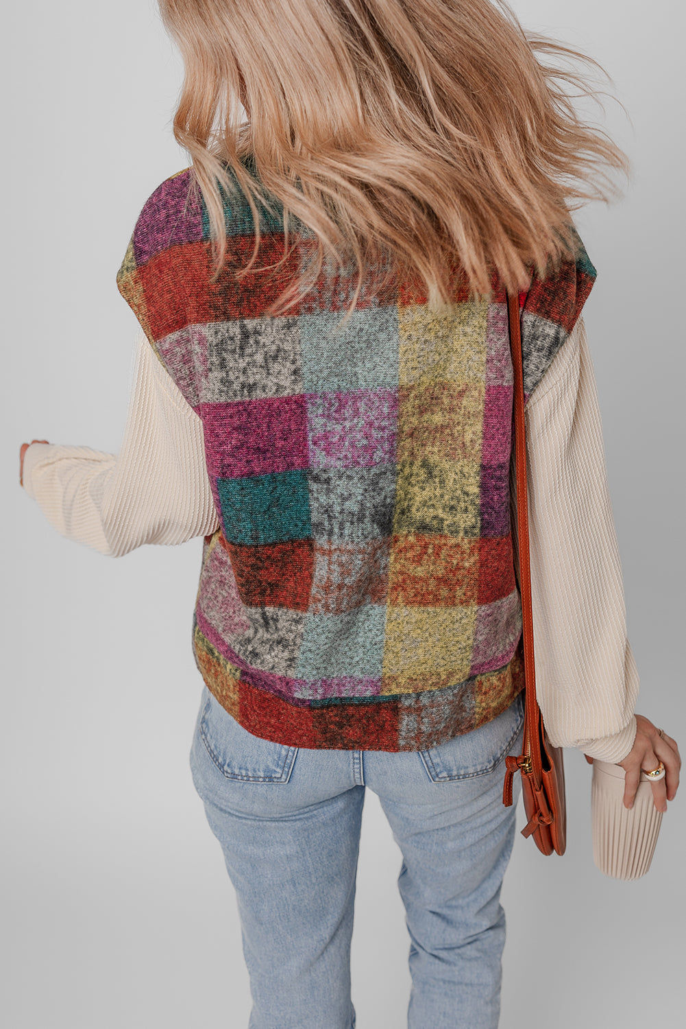 Multicolour Plaid Print Loose Sleeveless Jacket eAura