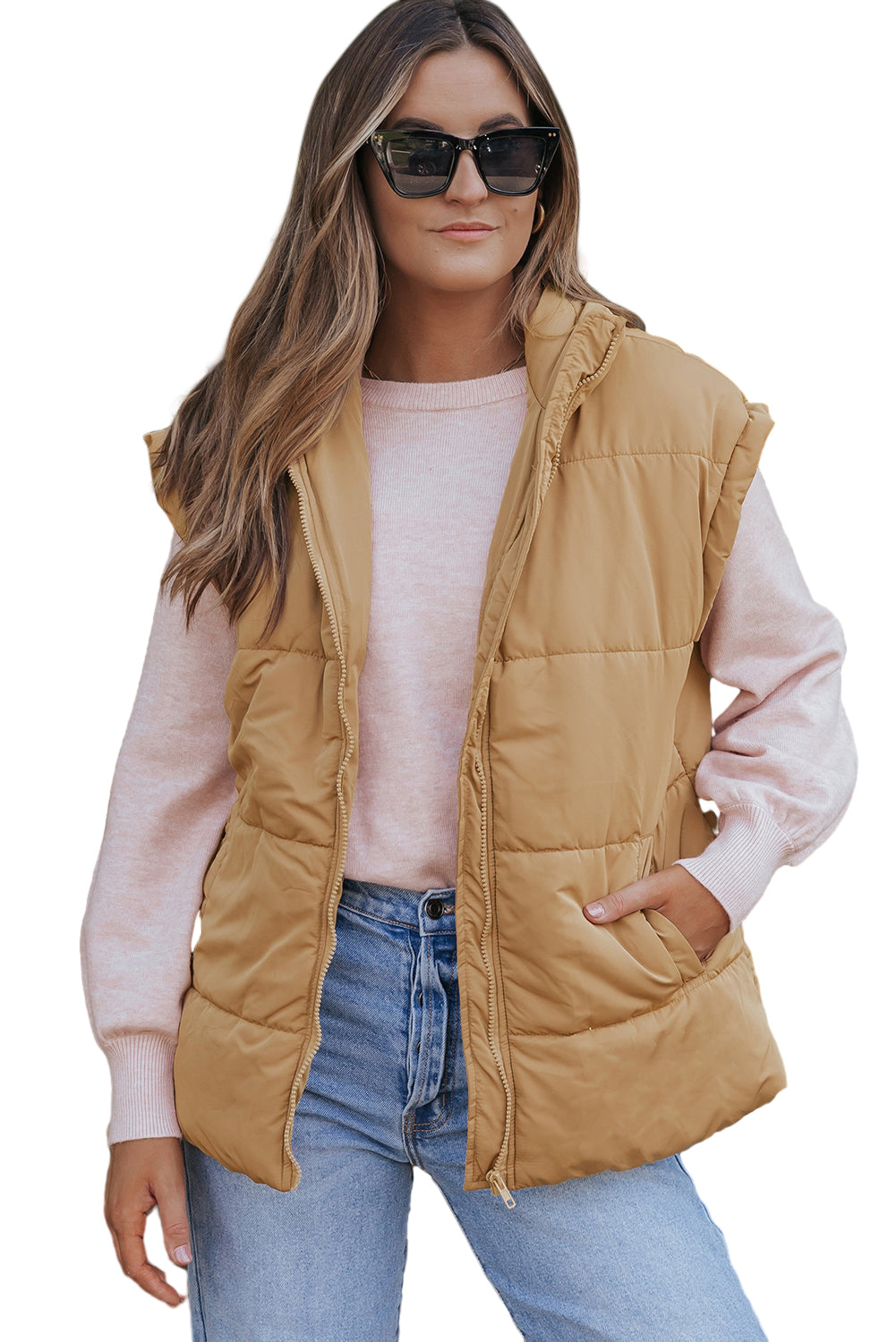 Oversized Stand Collar Zip Winter Vest – Khaki