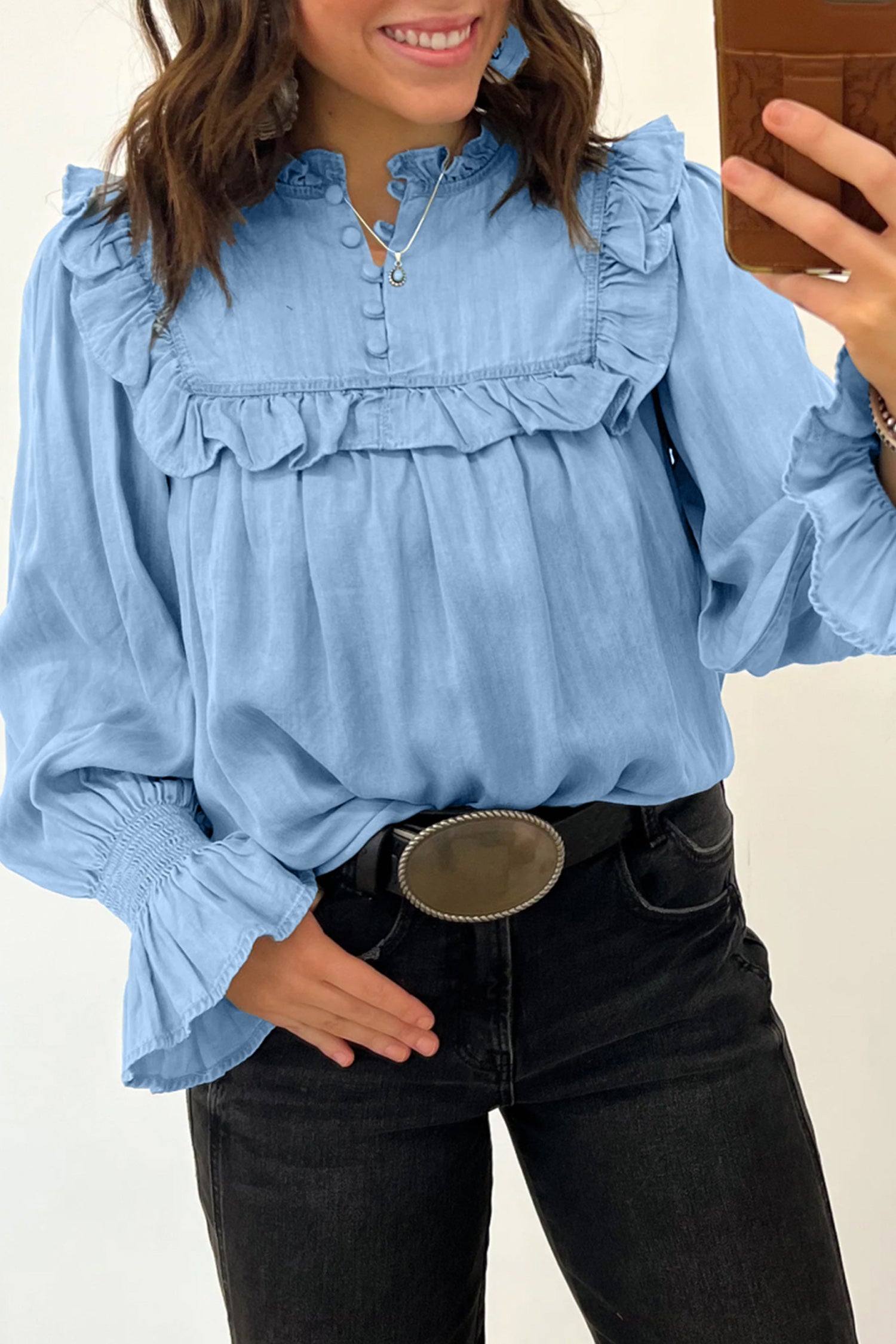 Beau Western Ruffle V Neck Long Sleeve Chambray Blouse – Blue