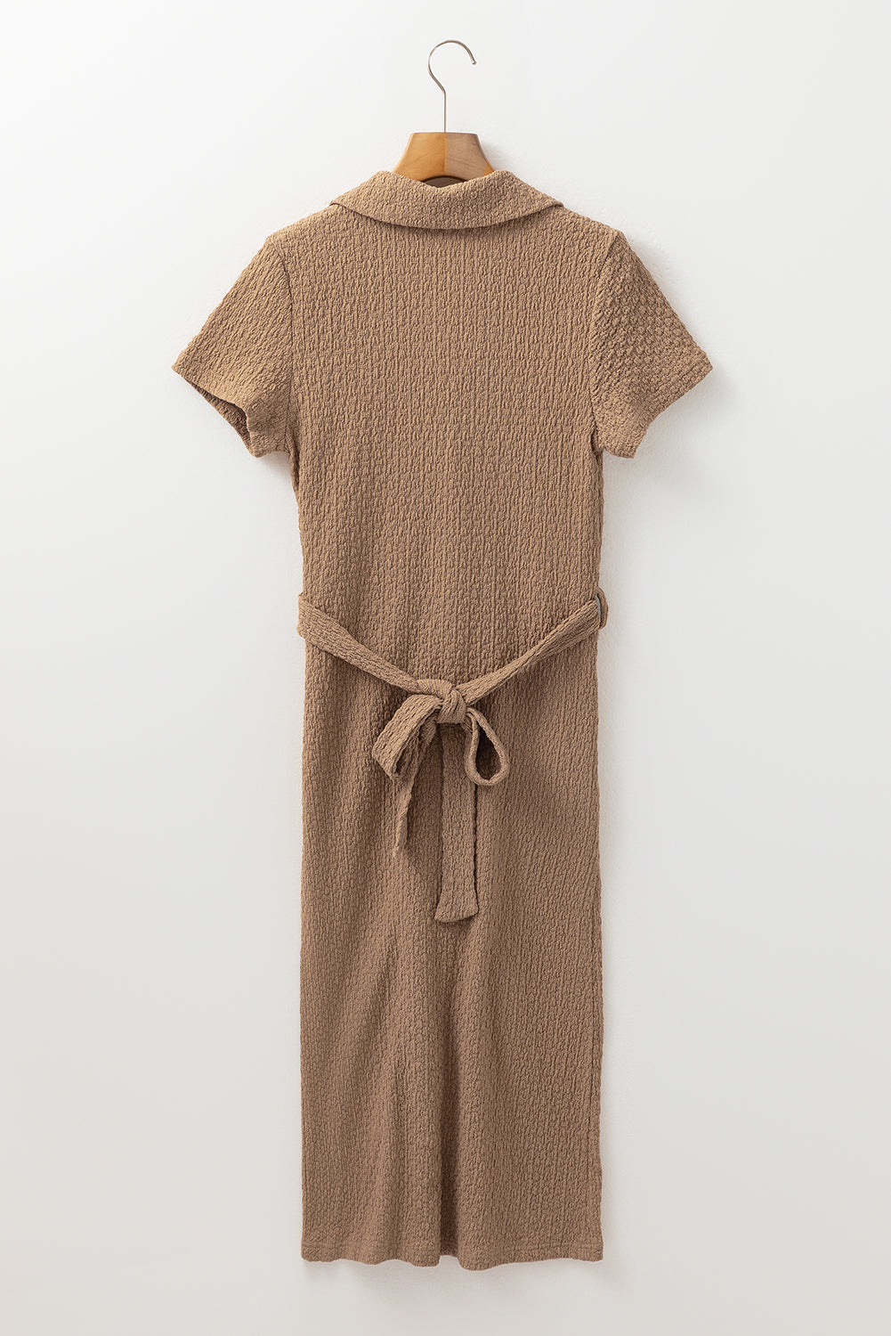 Buckskin Short Sleeve Textured Button Up Tie Waist Long Dress eAura