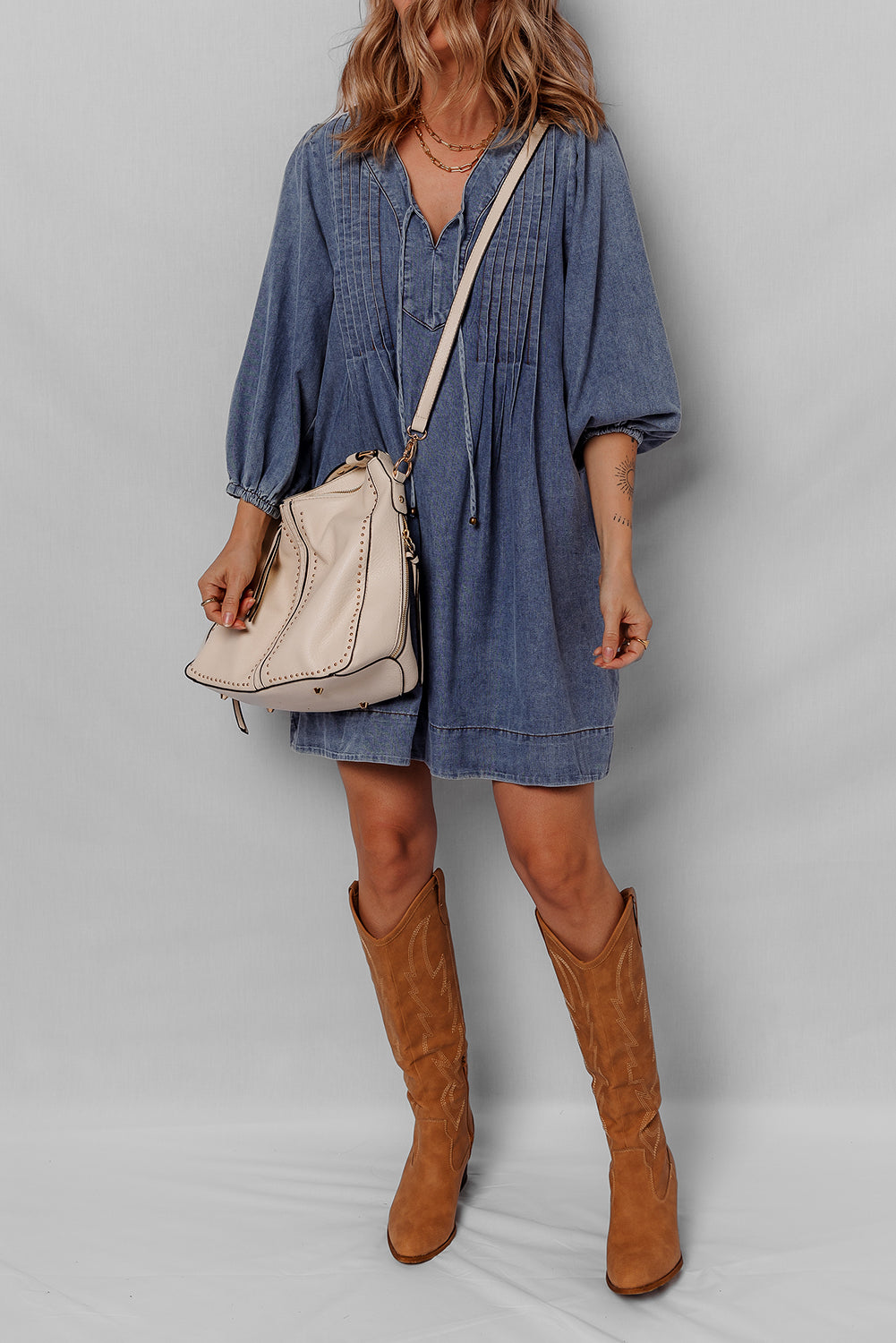 3/4 Sleeve Tied V-Neck Pleated Denim Mini Dress - eAura