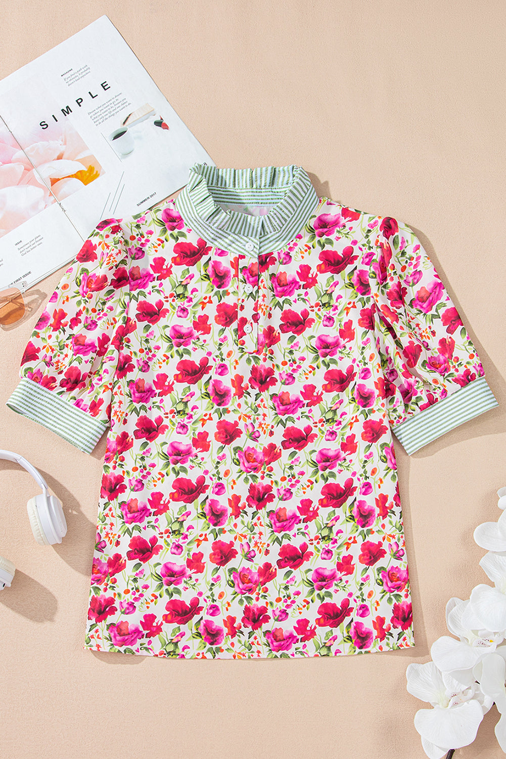Red Floral Print Striped Patchwork Collared Short Sleeve Blouse eAura