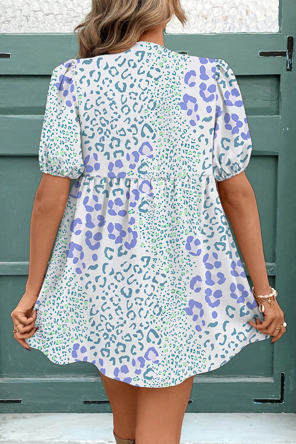 Blue Leopard Contrast Bow Puff Sleeve Mini Dress eAura