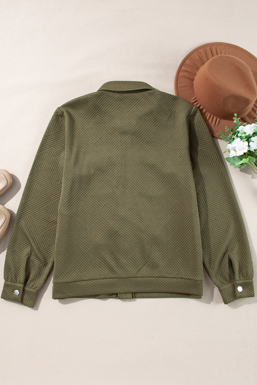 Solid Color Zip Up Button Flap Pocket Shirt Collar Jackets – Blackish Green