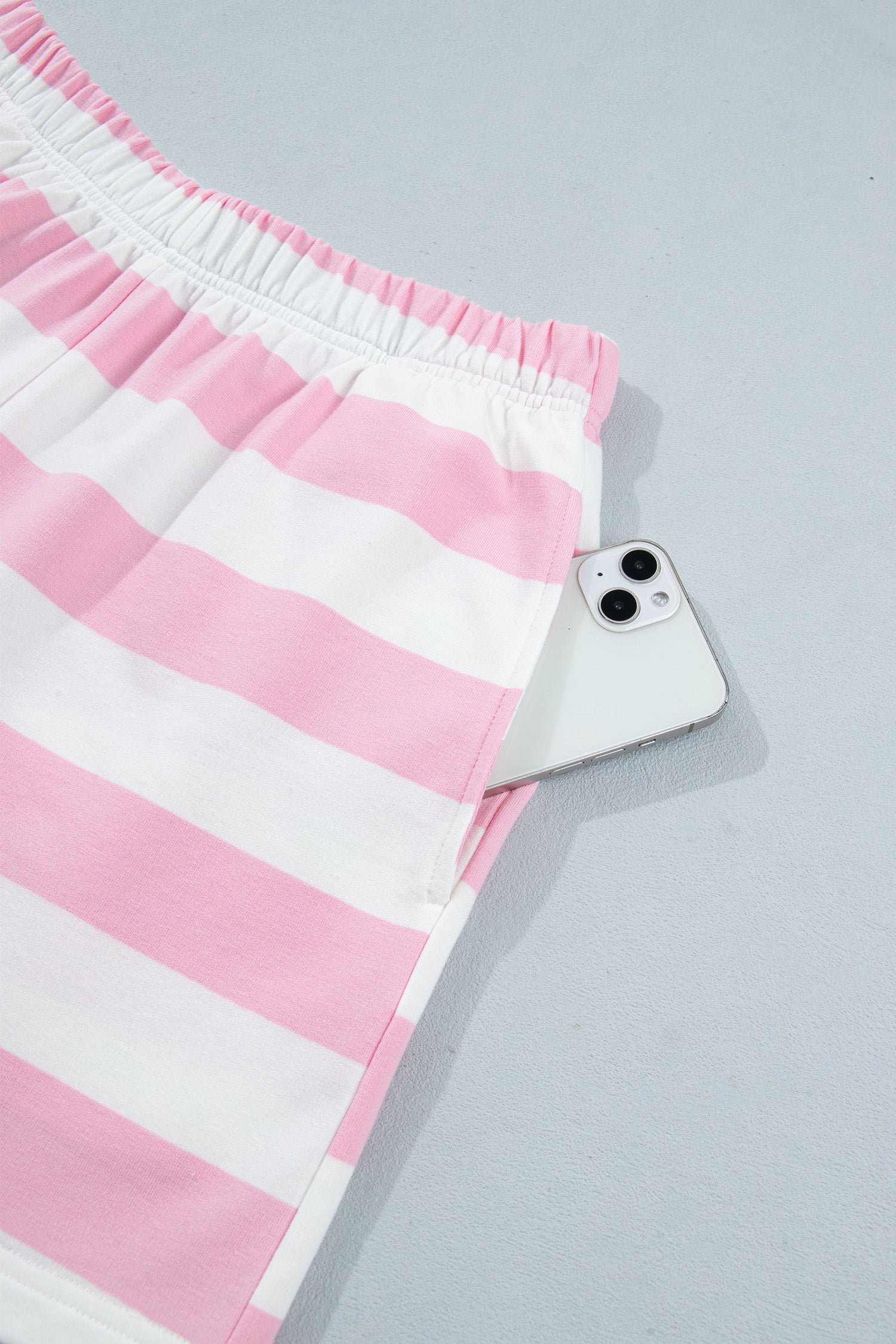 Patchwork Zipper Pullover Elastic Waist Shorts 2pcs Set – Pink Stripe
