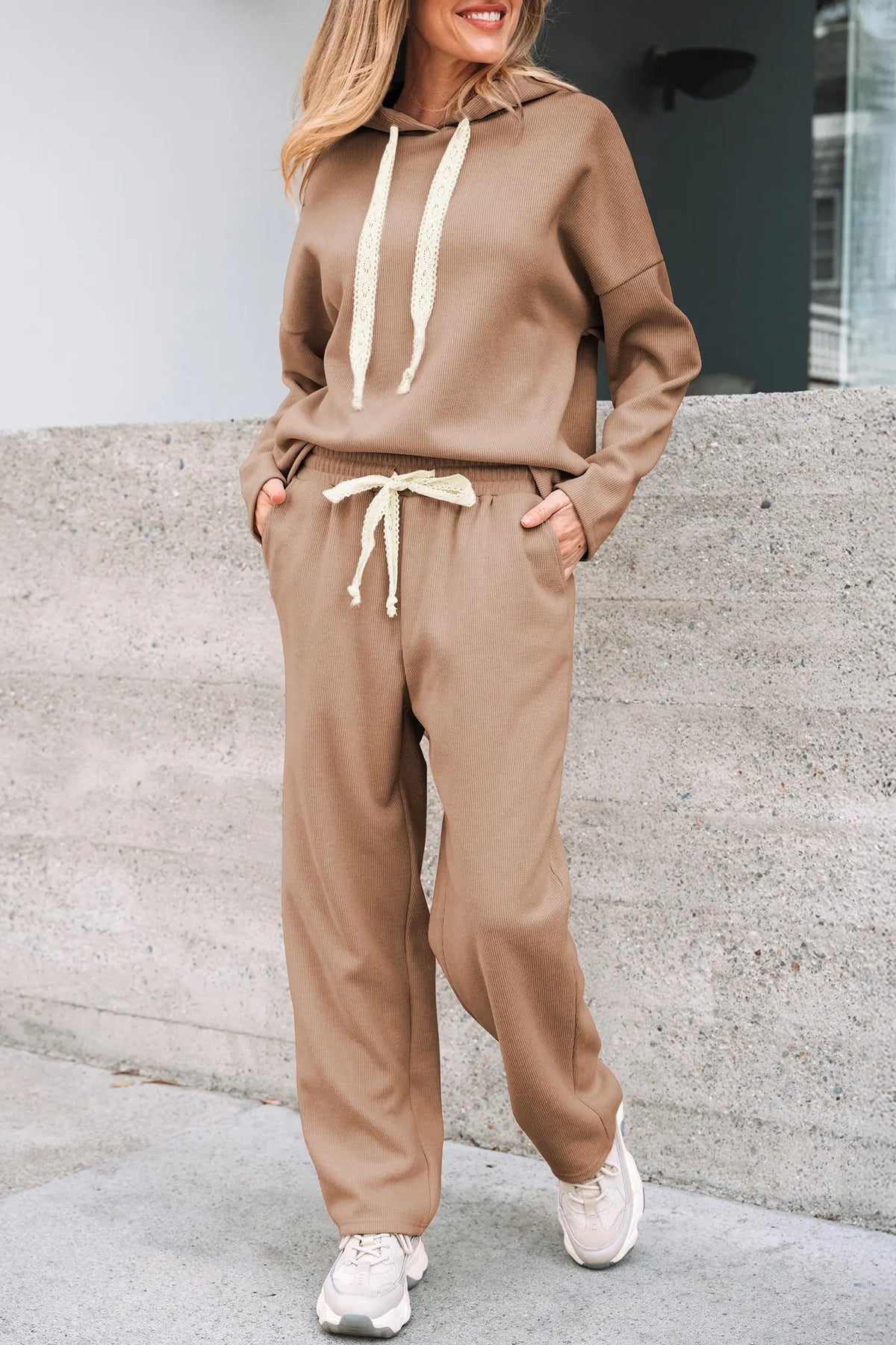 Pullover Hoodie and High Waist Bottoms Soft Cord Co-ord Set
