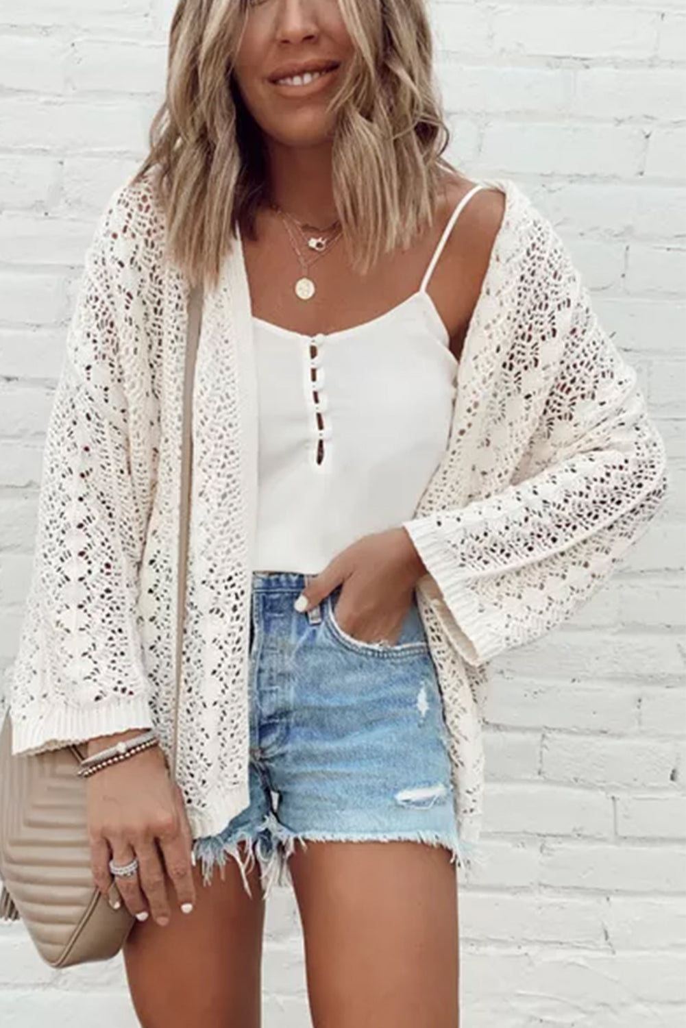 White Stylish Hollow Out Knit Drop Shoulder Cardigan BB Fashion Outlet