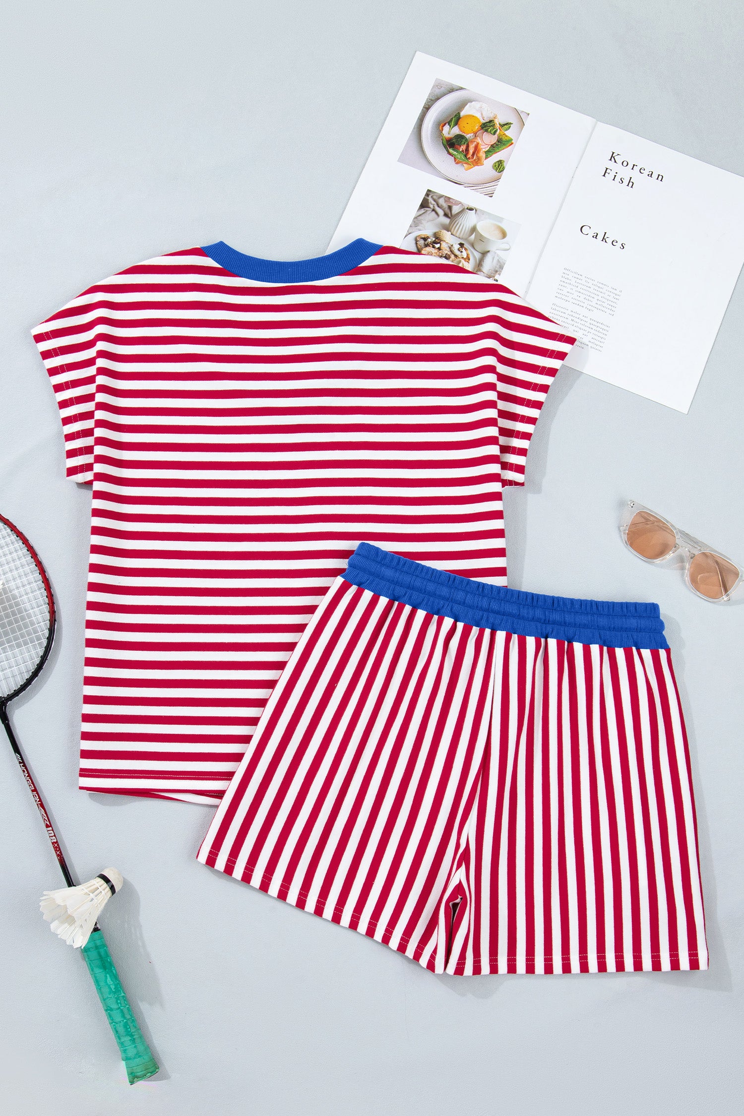 Colorblock Trim V Neck Tee Drawstring Elastic Waist Short Set – Yellow Stripe