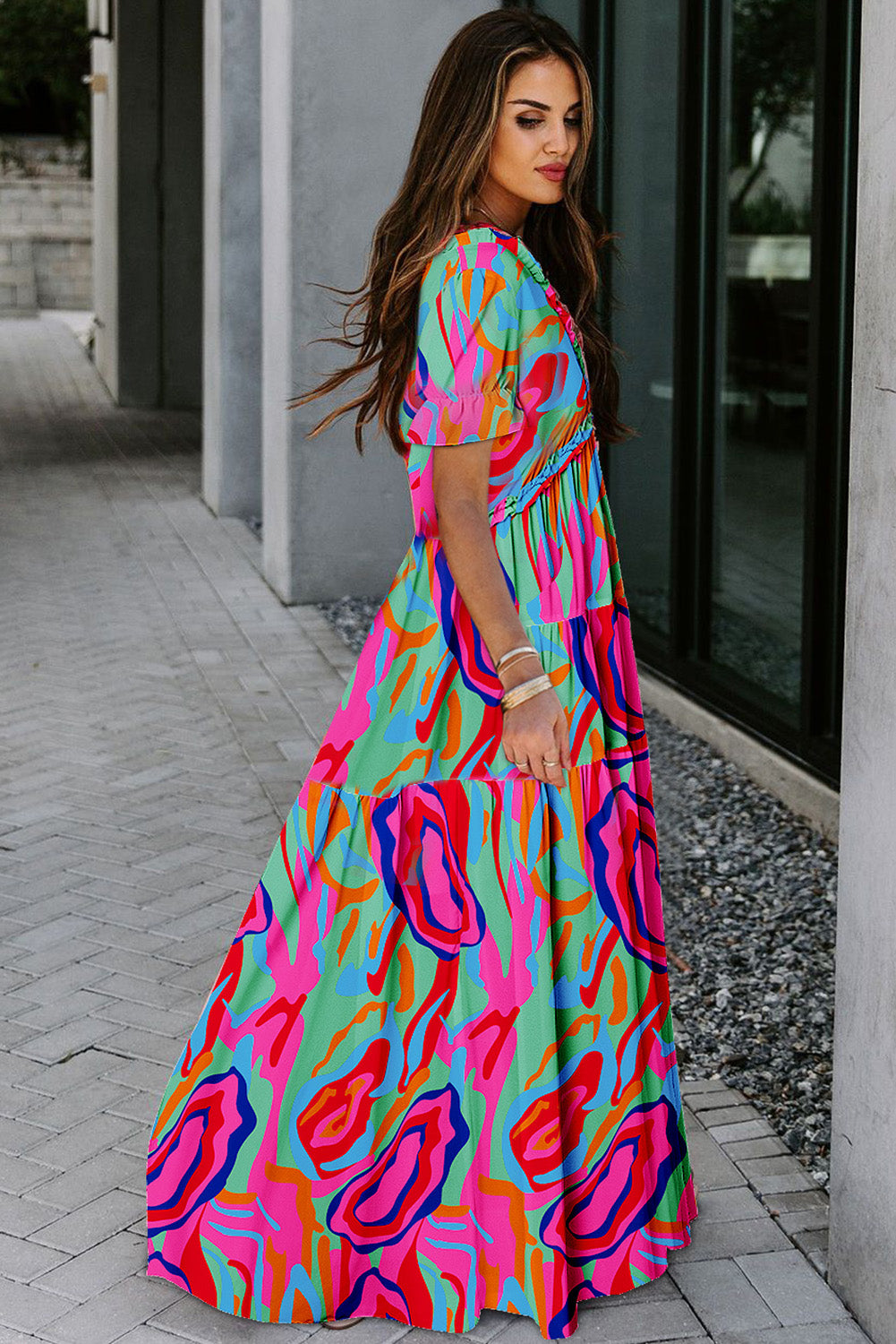 Floral Print Frilled V-Neck Short Sleeve Maxi Dress