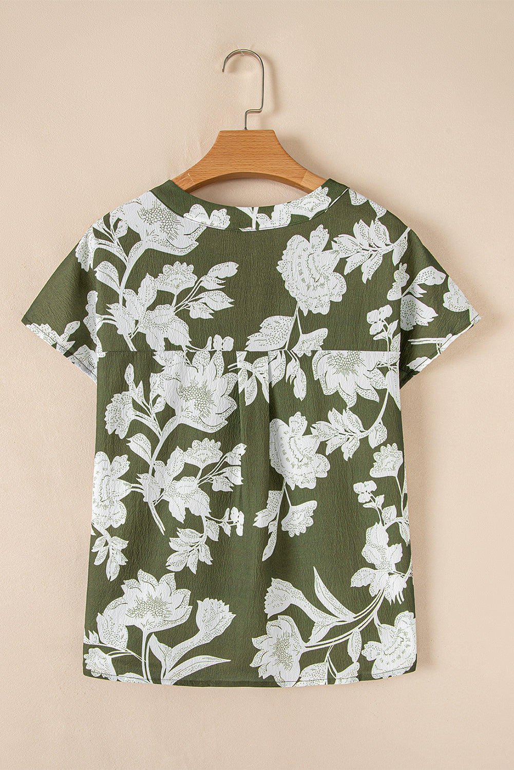 Green Floral Print Split Neck Short Sleeve Blouse eAura