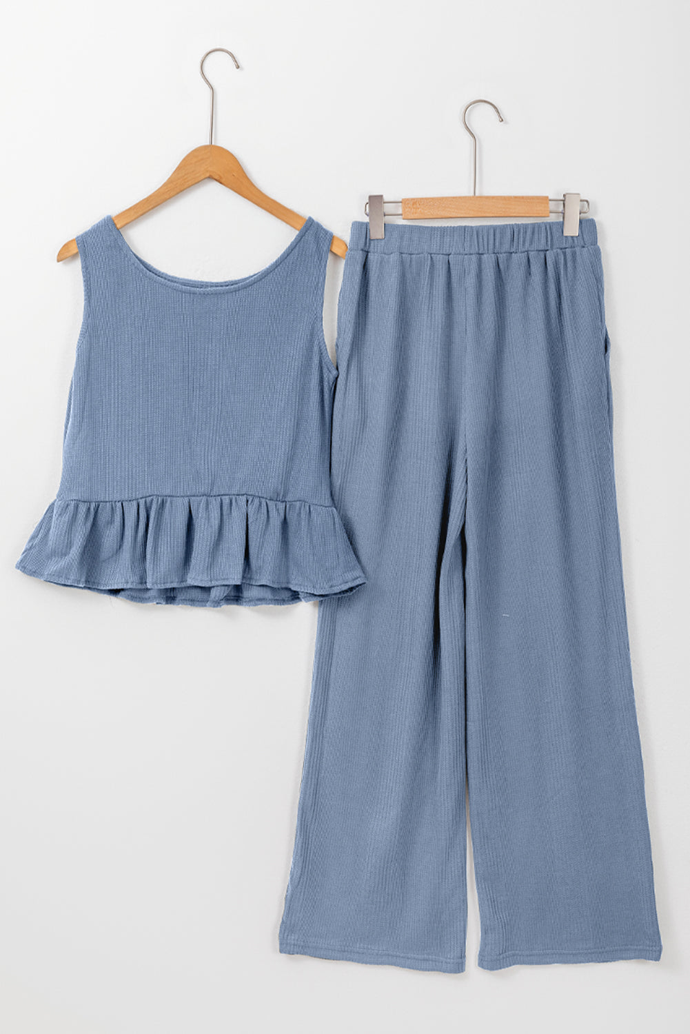 Beau Blue Ribbed Ruffle Tank Top and Trousers Set eAura