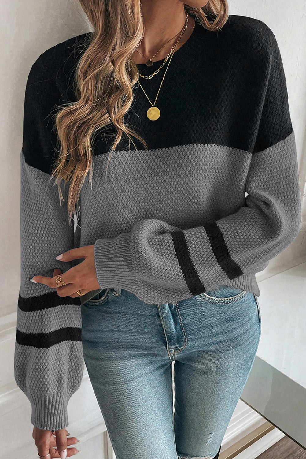 Colour Block Knit Striped Sleeve Detail Casual Sweater - eAura