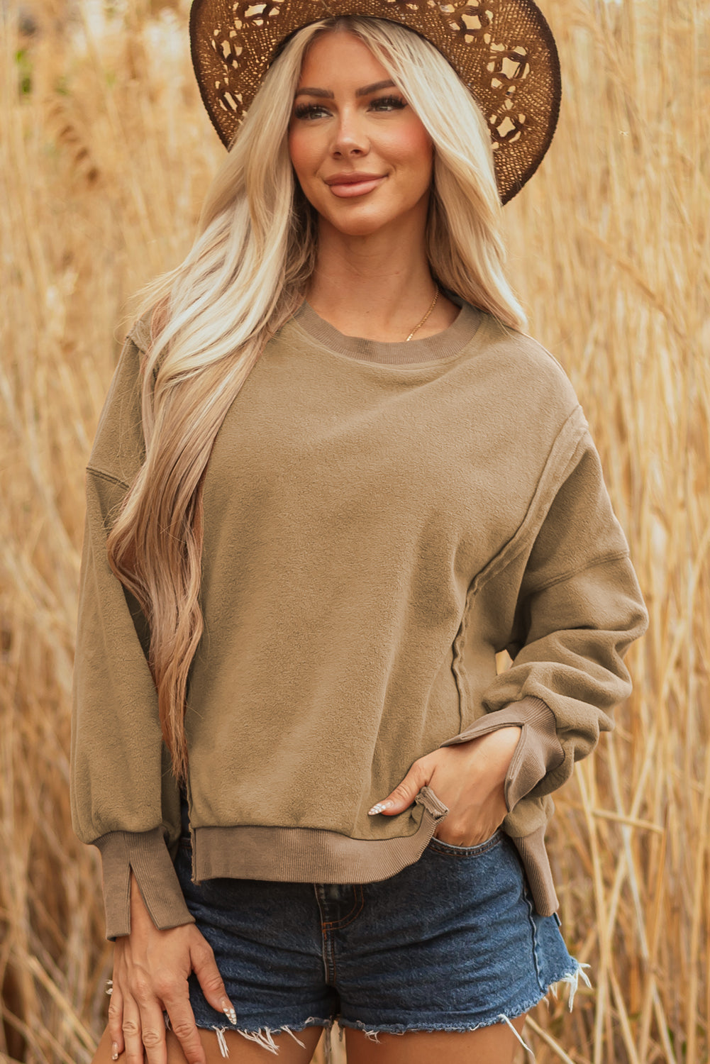 Fuzzy Sherpa Splicing Pullover Sweatshirt with Side Slit - eAura
