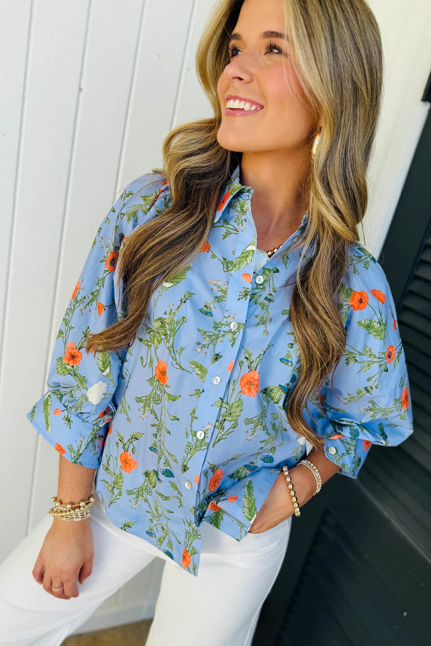 Sky Blue Floral Print Bracelet Sleeve Button Down Casual Shirt – Light Blue