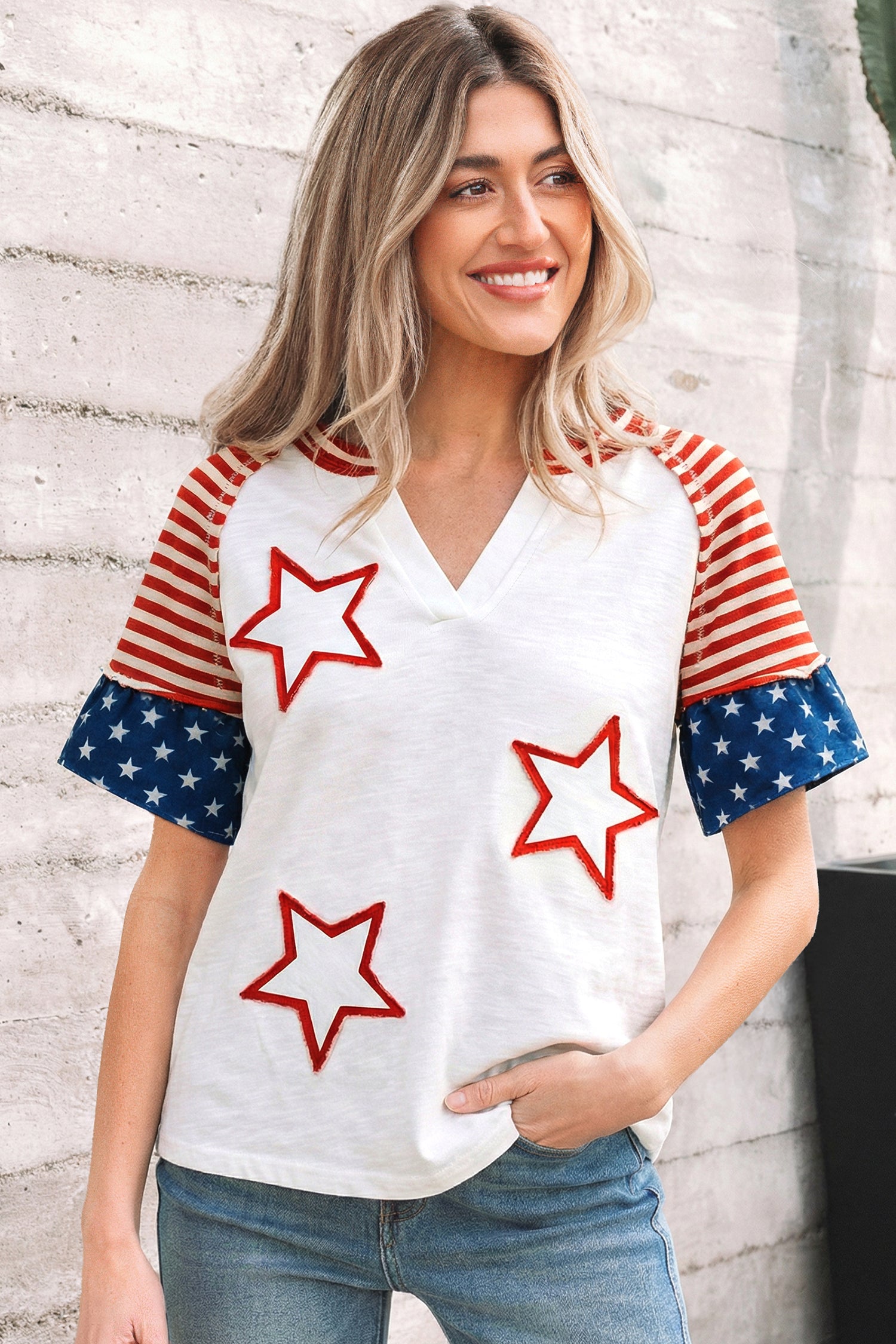 Star Detail Flag Inspired Short Sleeve Top – Fiery Red