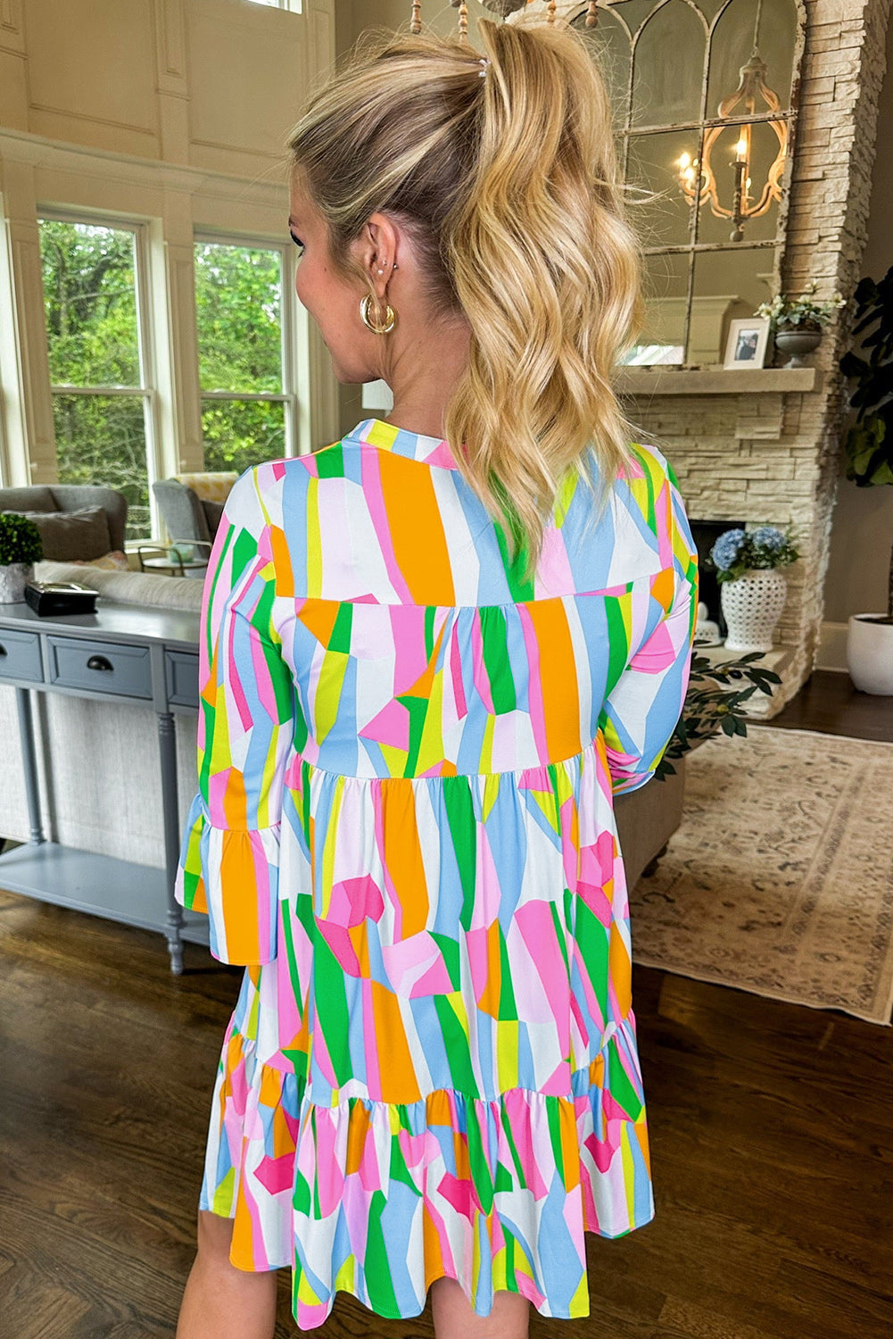 Orange Abstract Print Ruffled Sleeve V Neck Dress eAura