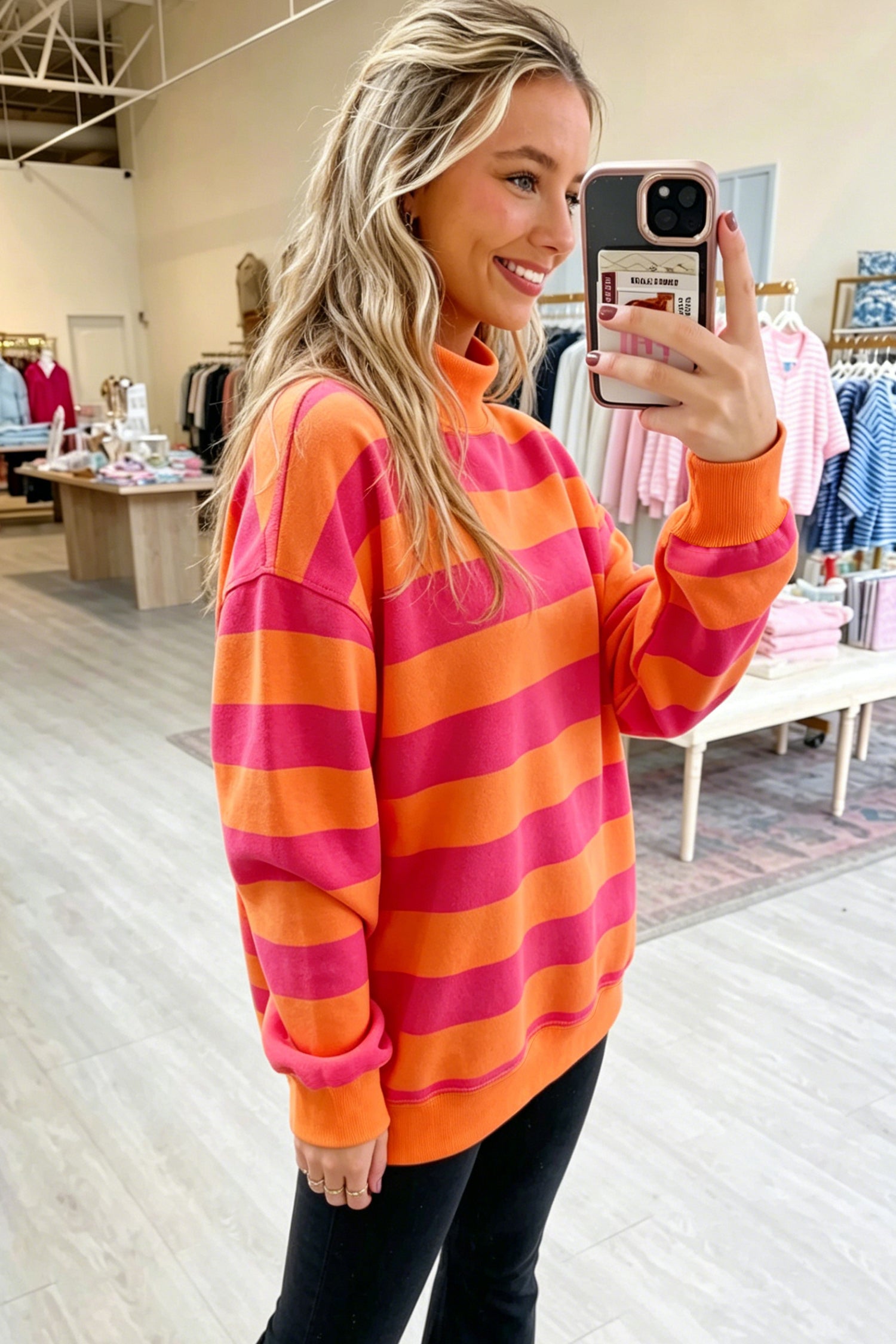 Colorblock Mock Neck Relaxed Sweatshirt – Blue Stripe