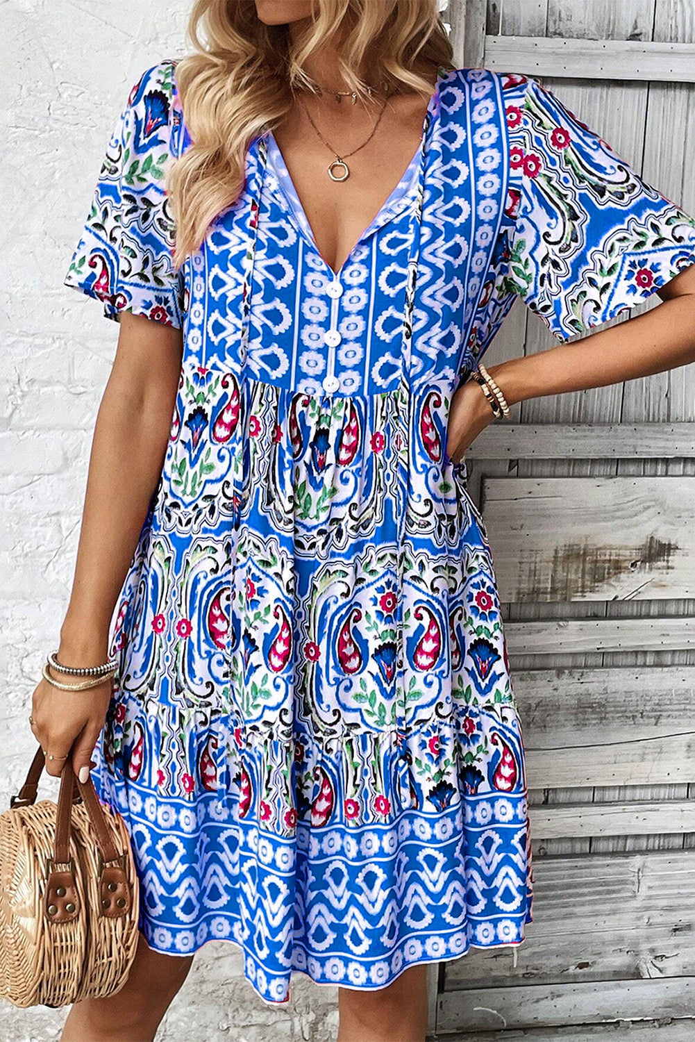 Pink Bohemian Print Tie Neck Ruffle Hem Short Dress eAura