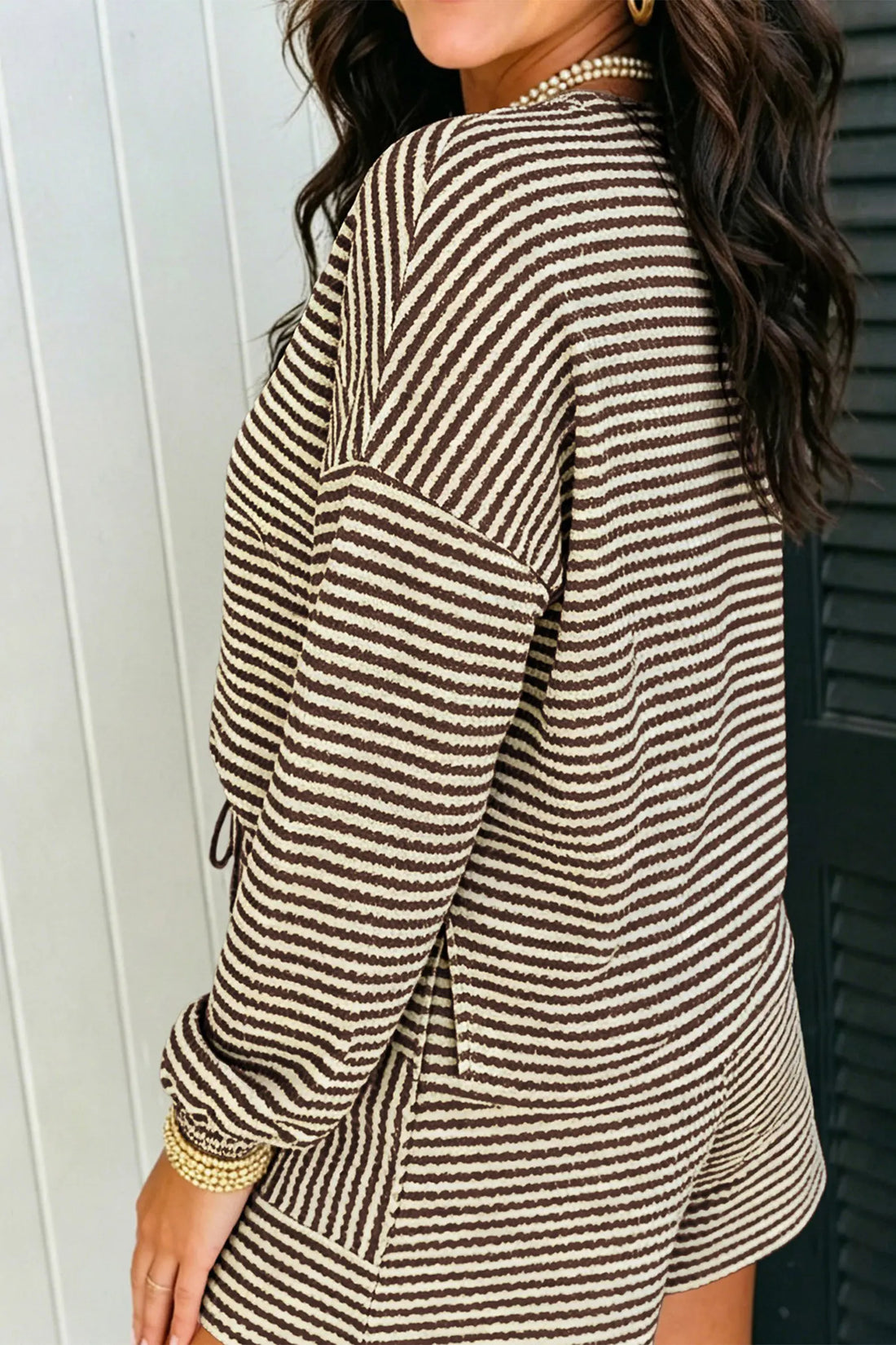 Long Sleeve Top Elastic Waist Shorts Casual Outfit