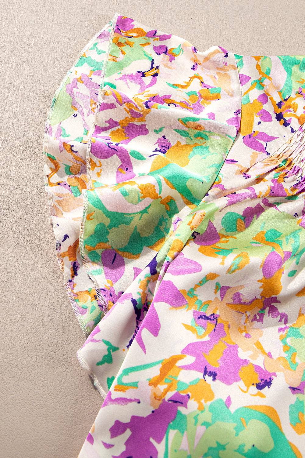 Purple Abstract Printed Ruffled Short Sleeve Notched Neck Blouse eAura