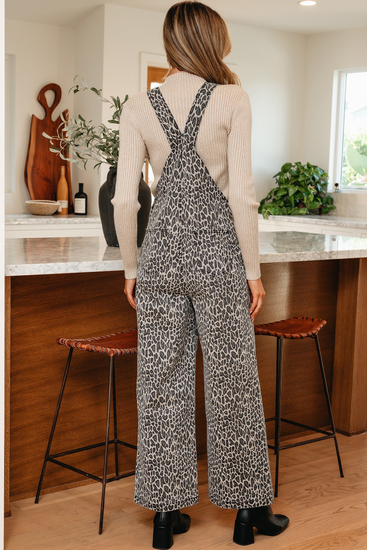 Leopard Print Straight Leg Loose Denim Jumpsuit Dungarees - Bottoms/Jumpsuits & Rompers