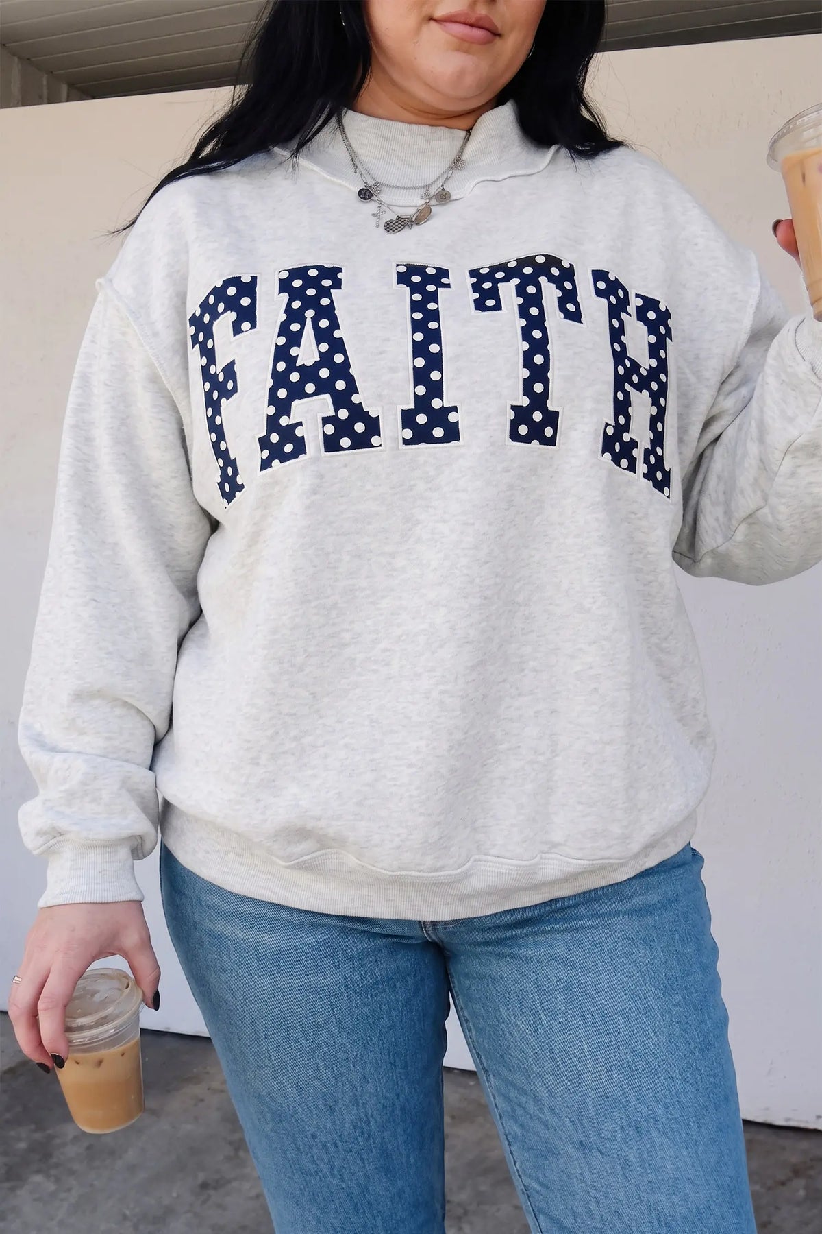 Gray Polka Dot Letter Print Loose Fit Long Sleeve Plus Size Sweatshirt