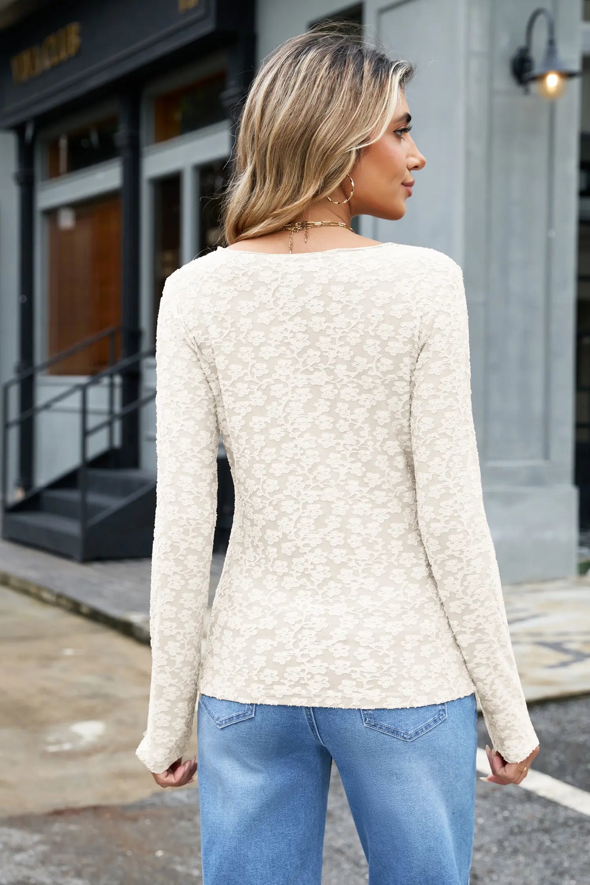 Long Sleeve Top Floral Textured Sheath with Round Neck