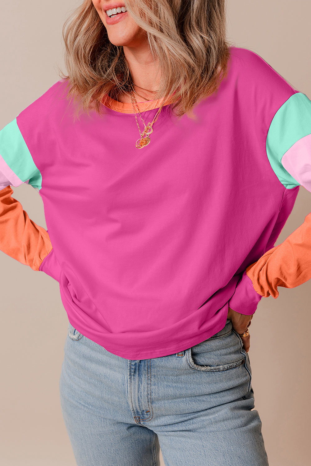 Dark Blue Colourblock Patchwork Long Sleeve Loose Top eAura